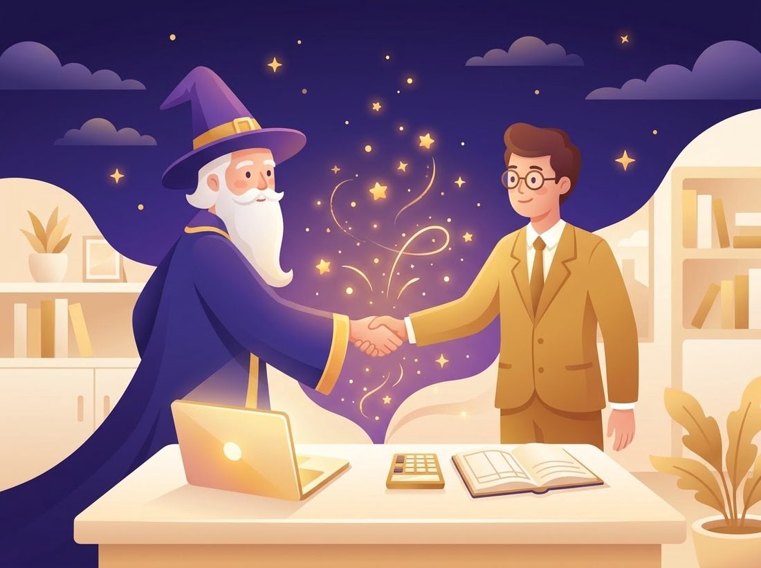 A wizard and an accountant shaking hands