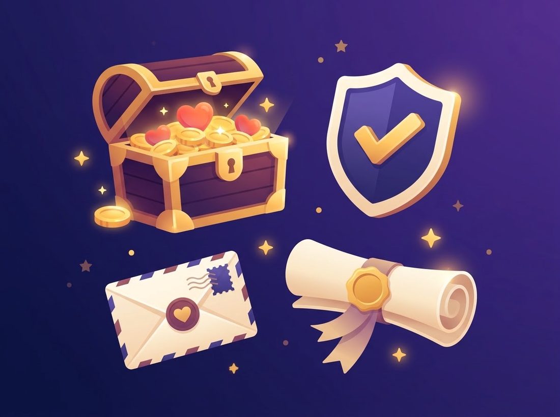 Symbols of nonprofit benefits: a treasure chest, a shield, an envelope and a grant scroll