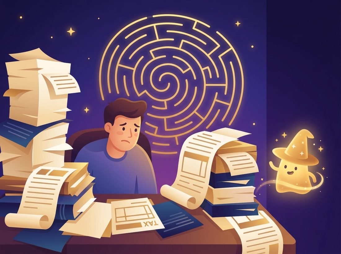 A founder buried in paperwork while a small glowing wizard hat offers help
