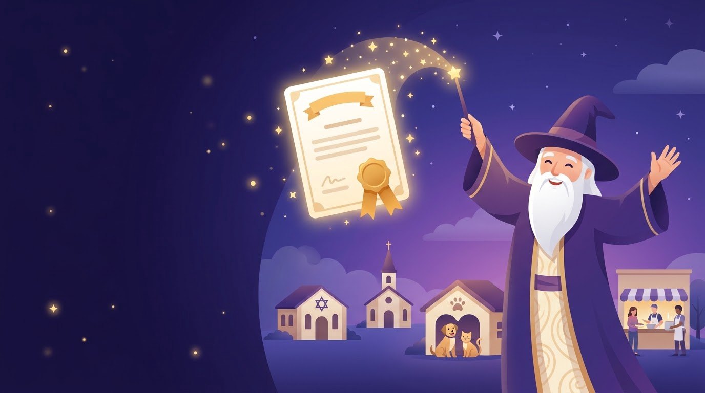 A friendly wizard conjuring a glowing 501(c)(3) certificate above a synagogue, a church, an animal shelter and a soup kitchen