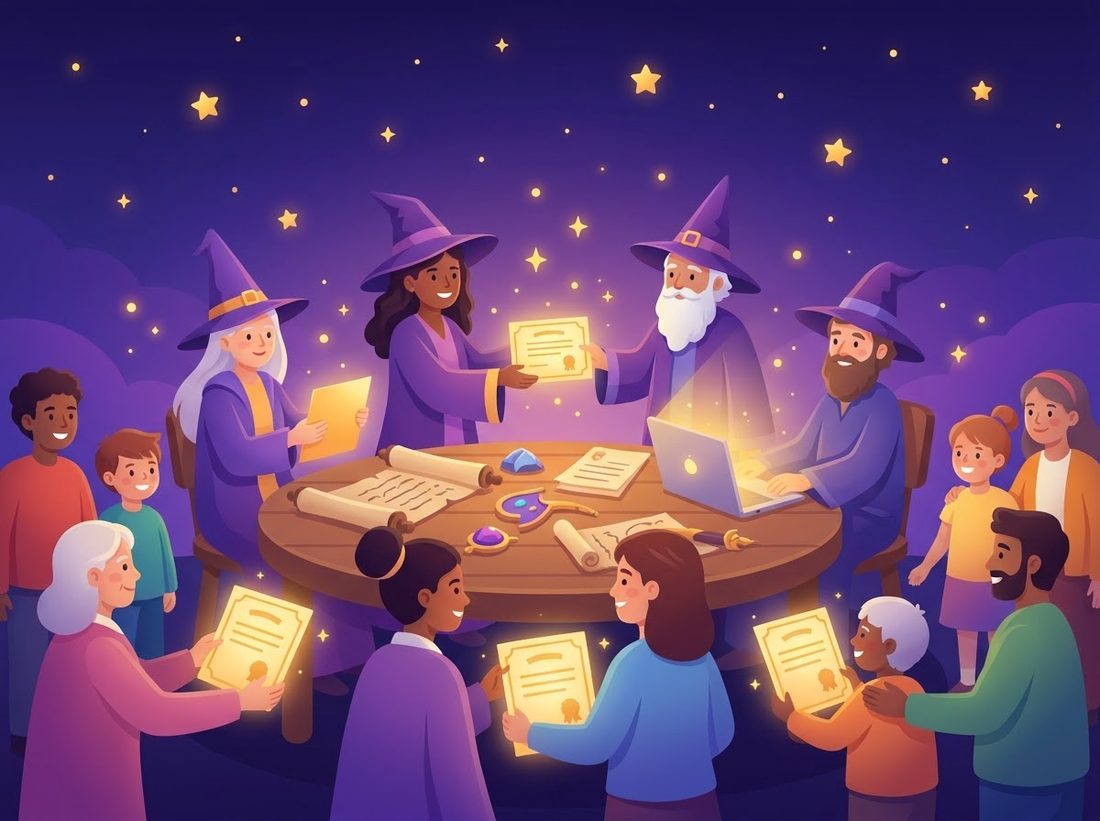 A team of friendly wizards handing certificates to community members